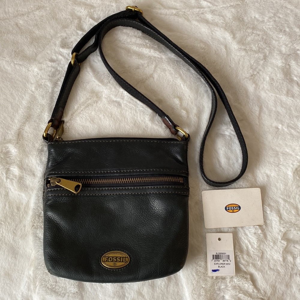 Fossil Black Leather Mini Explorer Crossbody